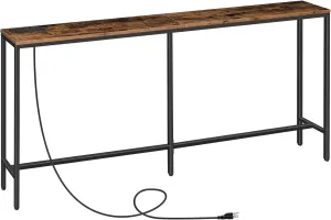 Console Table with Power Outlet, 70.9" Narrow Sofa Table, Industrial Entryway Table with USB Ports, Behind Couch for Entryway, Hallway, Foyer, Living Room, Rustic Brown CTHR18E01Z1