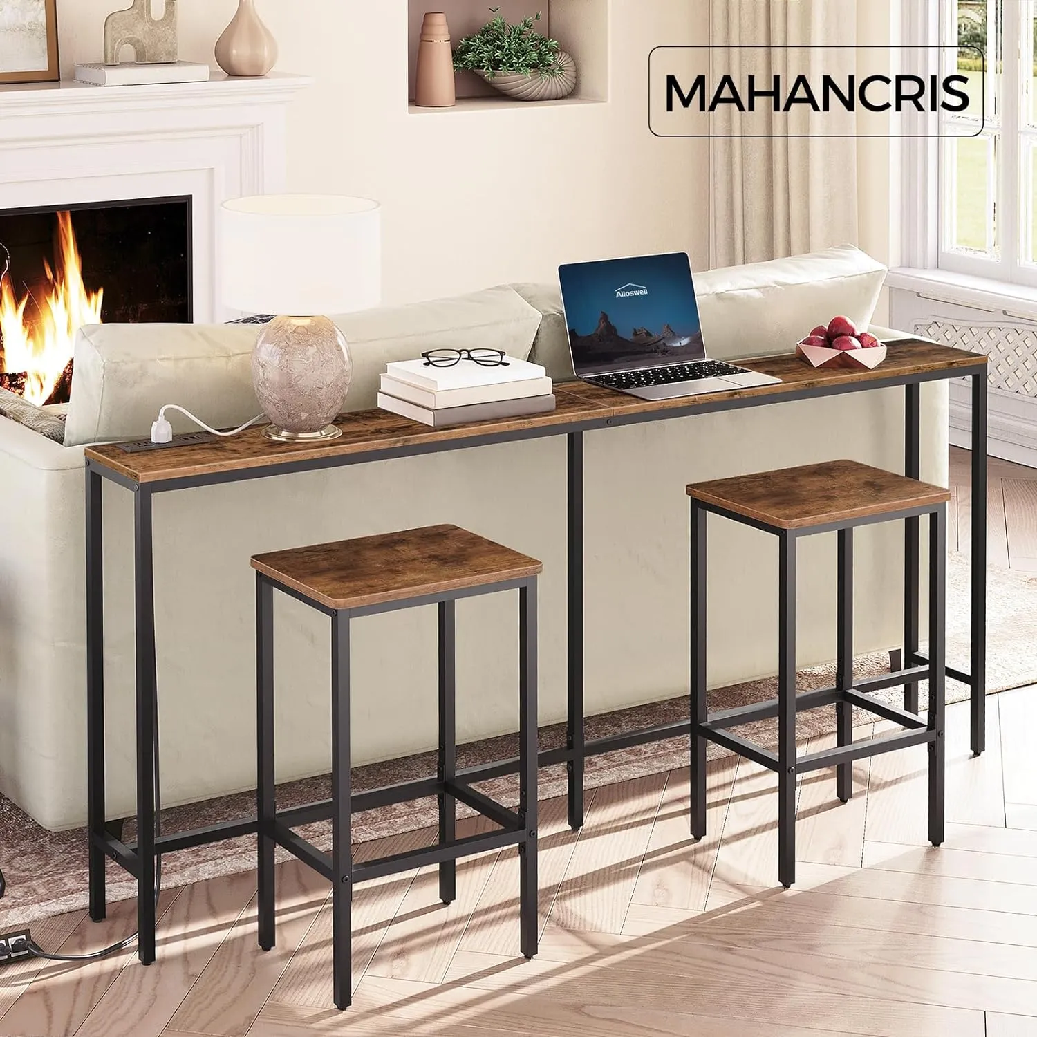 Console Table with Power Outlet, 70.9" Narrow Sofa Table, Industrial Entryway Table with USB Ports, Behind Couch for Entryway, Hallway, Foyer, Living Room, Rustic Brown CTHR18E01Z1
