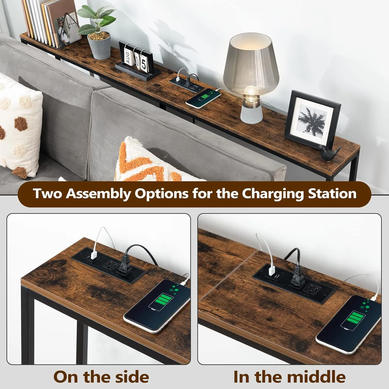 Console Table with Power Outlet, 70.9" Narrow Sofa Table, Industrial Entryway Table with USB Ports, Behind Couch for Entryway, Hallway, Foyer, Living Room, Rustic Brown CTHR18E01Z1