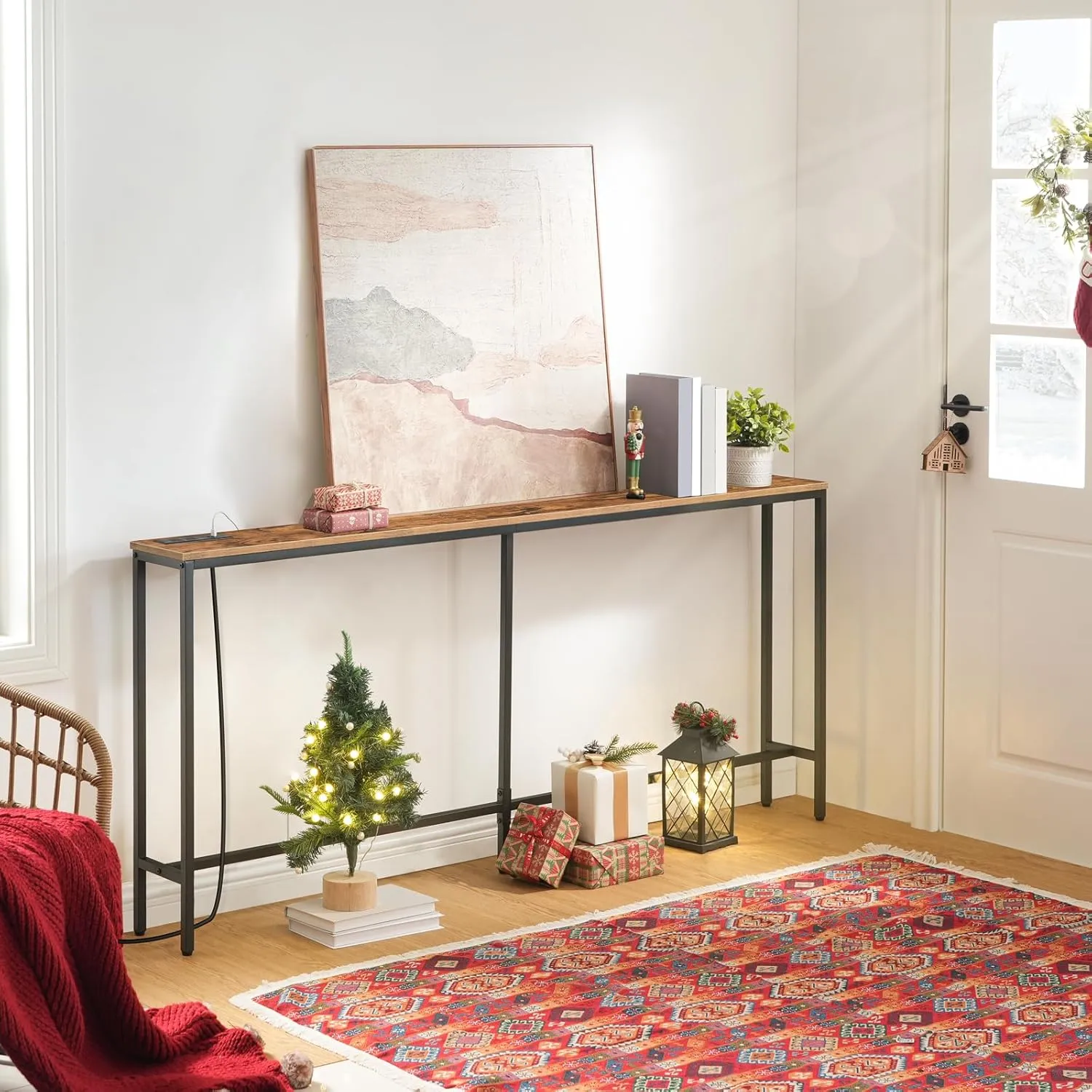 Console Table with Power Outlet, 70.9" Narrow Sofa Table, Industrial Entryway Table with USB Ports, Behind Couch for Entryway, Hallway, Foyer, Living Room, Rustic Brown CTHR18E01Z1