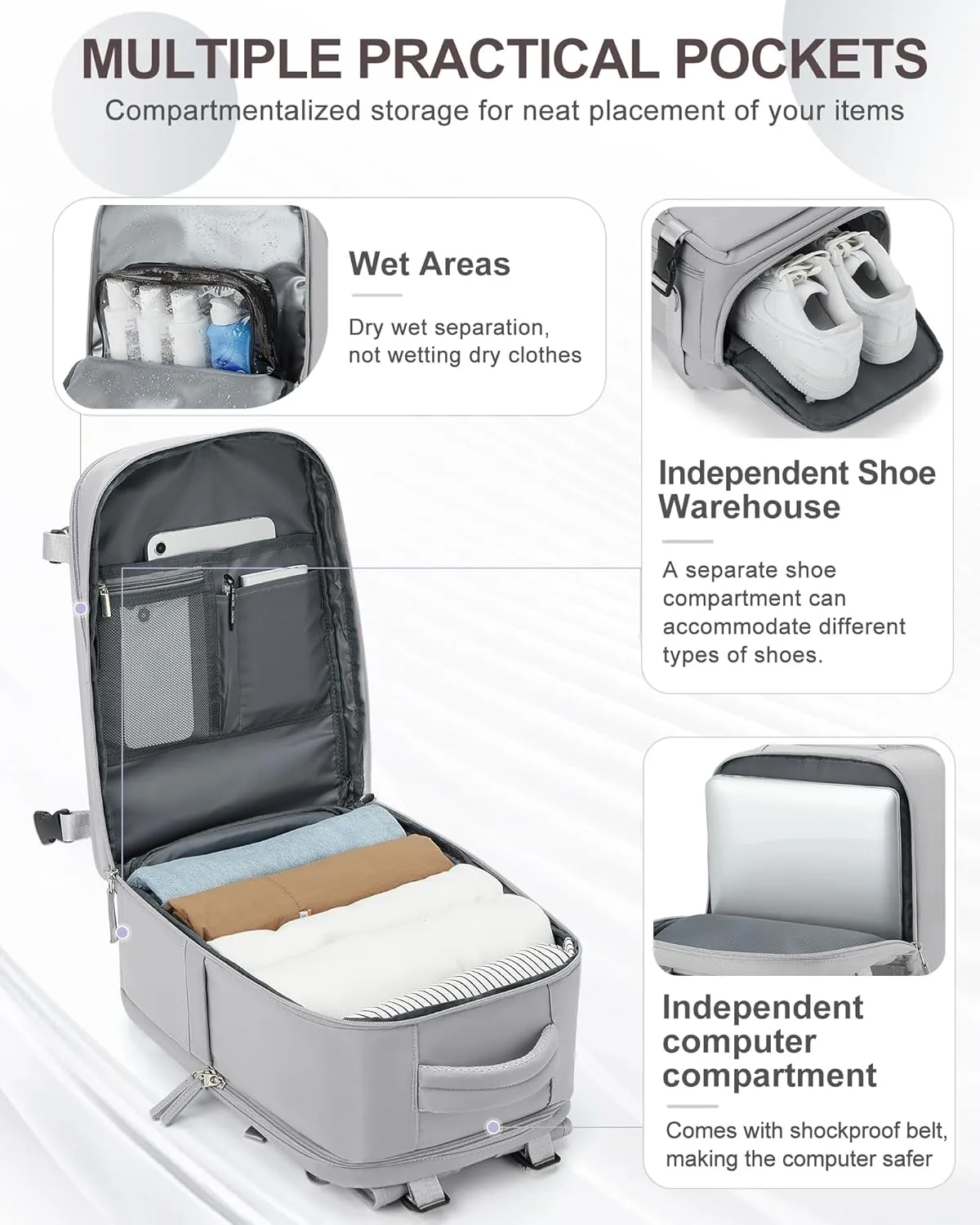 coowoz Travel Backpack Carry On for Women Man Gym Backpack with Laptop Compartment Mochila de Viaje Teacher Personal Item Backpack Airplane Accessories Must Haves Grey Small