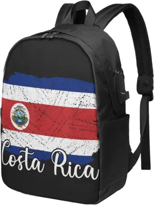 Costa Rica Flag Costa Rican Flags Travel Backpack 17-Inch Laptop Backpacks Business Rucksack Casual Sport Daypack with USB Charging Port Carry-on Bag for Camping Biking