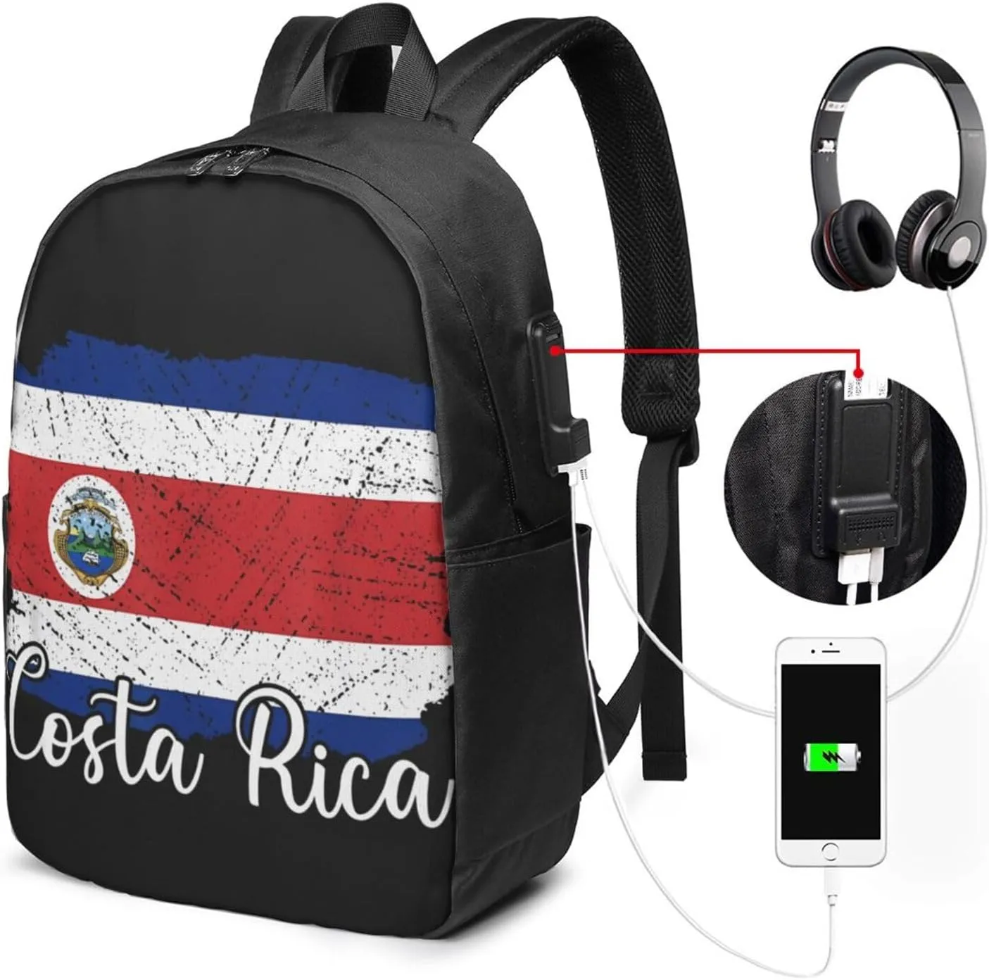 Costa Rica Flag Costa Rican Flags Travel Backpack 17-Inch Laptop Backpacks Business Rucksack Casual Sport Daypack with USB Charging Port Carry-on Bag for Camping Biking