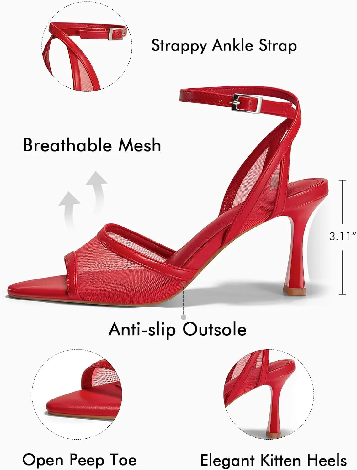 Coutgo Womens Mesh Kitten Heels Sandals Pointed Open Toe Ankle Buckle Strap Summer Dress Shoes