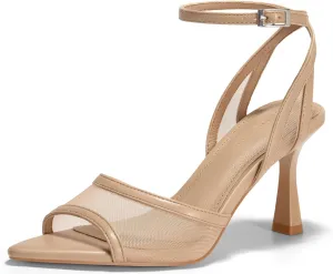 Coutgo Womens Mesh Kitten Heels Sandals Pointed Open Toe Ankle Buckle Strap Summer Dress Shoes
