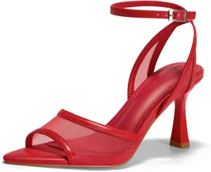 Coutgo Womens Mesh Kitten Heels Sandals Pointed Open Toe Ankle Buckle Strap Summer Dress Shoes