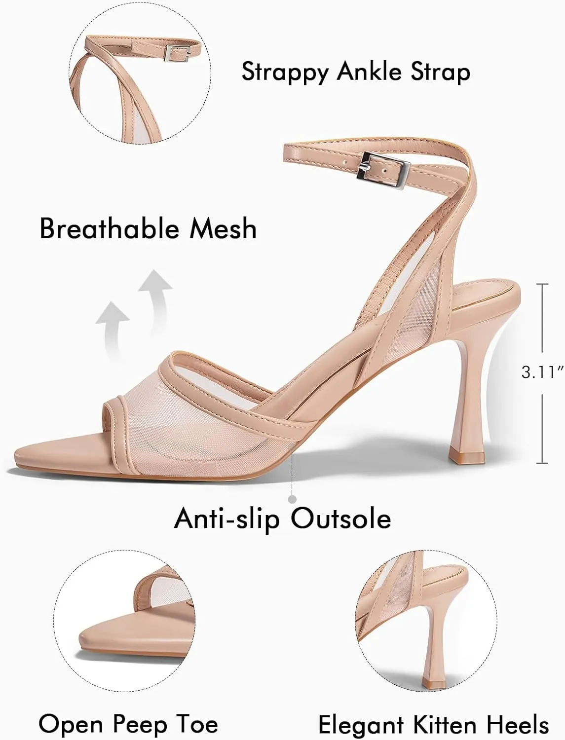 Coutgo Womens Mesh Kitten Heels Sandals Pointed Open Toe Ankle Buckle Strap Summer Dress Shoes