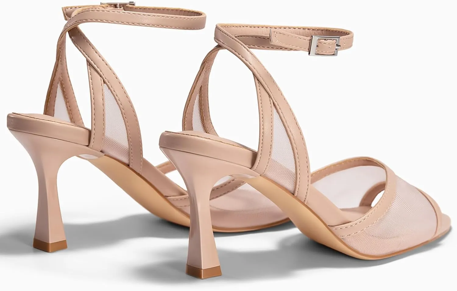 Coutgo Womens Mesh Kitten Heels Sandals Pointed Open Toe Ankle Buckle Strap Summer Dress Shoes