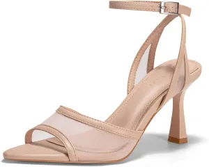 Coutgo Womens Mesh Kitten Heels Sandals Pointed Open Toe Ankle Buckle Strap Summer Dress Shoes