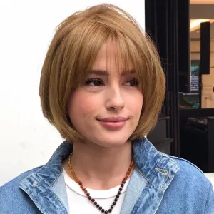 Creamily 10 Inch Strawberry Blonde Bob Wigs with Bangs Medium Length Blonde Straight Wig Synthetic Hair Replacement Wig for Women Halloween Costume Cosplay Wigs