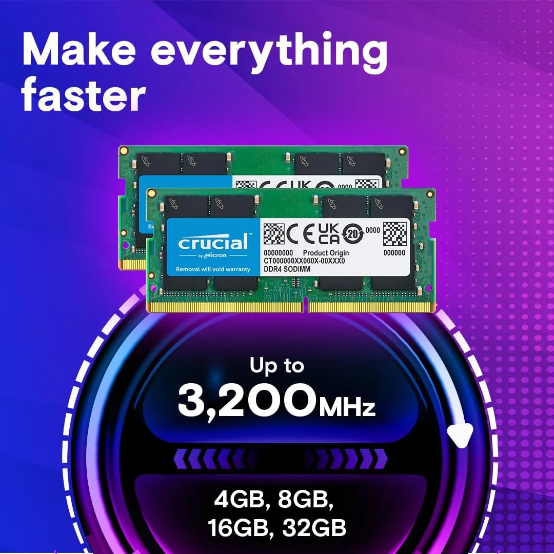 Crucial 32GB DDR4 RAM Kit (2x16GB), 3200MHz (PC4-25600) CL22 Laptop Memory, SODIMM 260-Pin, Downclockable to 2933/2666MHz, Compatible with 13th Gen Intel Core and AMD Ryzen 7000 - CT2K16G4SFRA32A