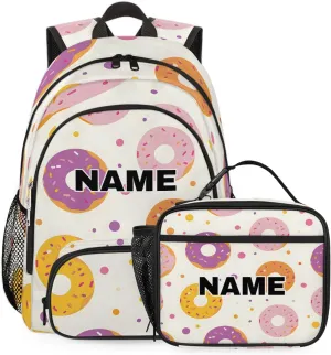 Custom Colors Donuts Backpack Lunch Box Bag with Name, Personalized Shoulder 18 Inch Backpack with Adjustable Straps for Women men Donuts