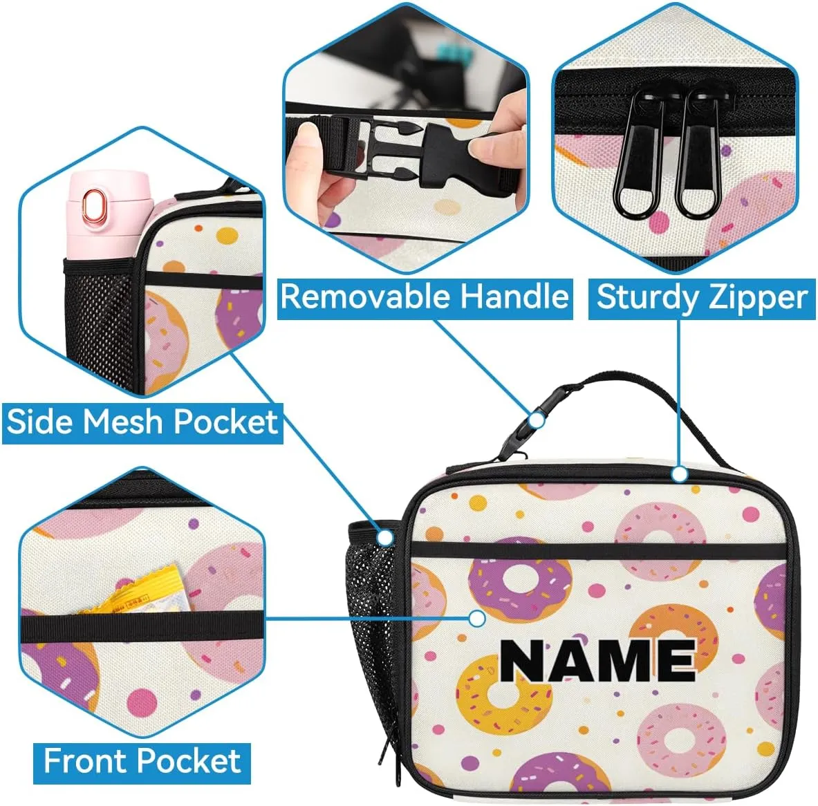 Custom Colors Donuts Backpack Lunch Box Bag with Name, Personalized Shoulder 18 Inch Backpack with Adjustable Straps for Women men Donuts