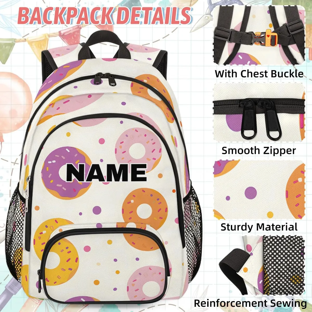 Custom Colors Donuts Backpack Lunch Box Bag with Name, Personalized Shoulder 18 Inch Backpack with Adjustable Straps for Women men Donuts