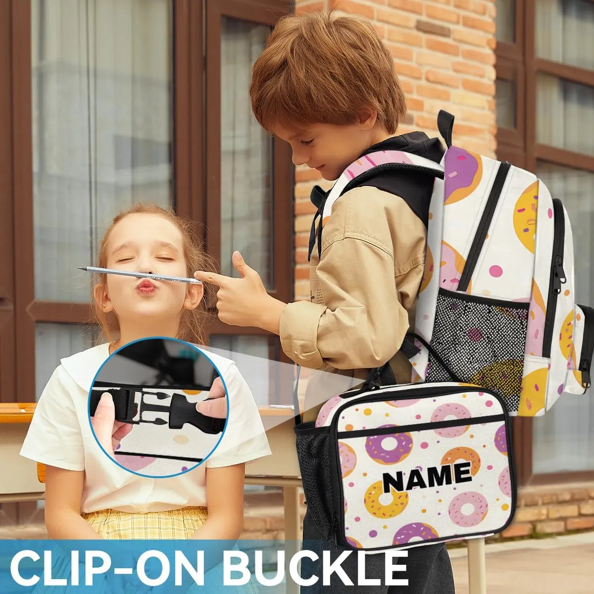Custom Colors Donuts Backpack Lunch Box Bag with Name, Personalized Shoulder 18 Inch Backpack with Adjustable Straps for Women men Donuts