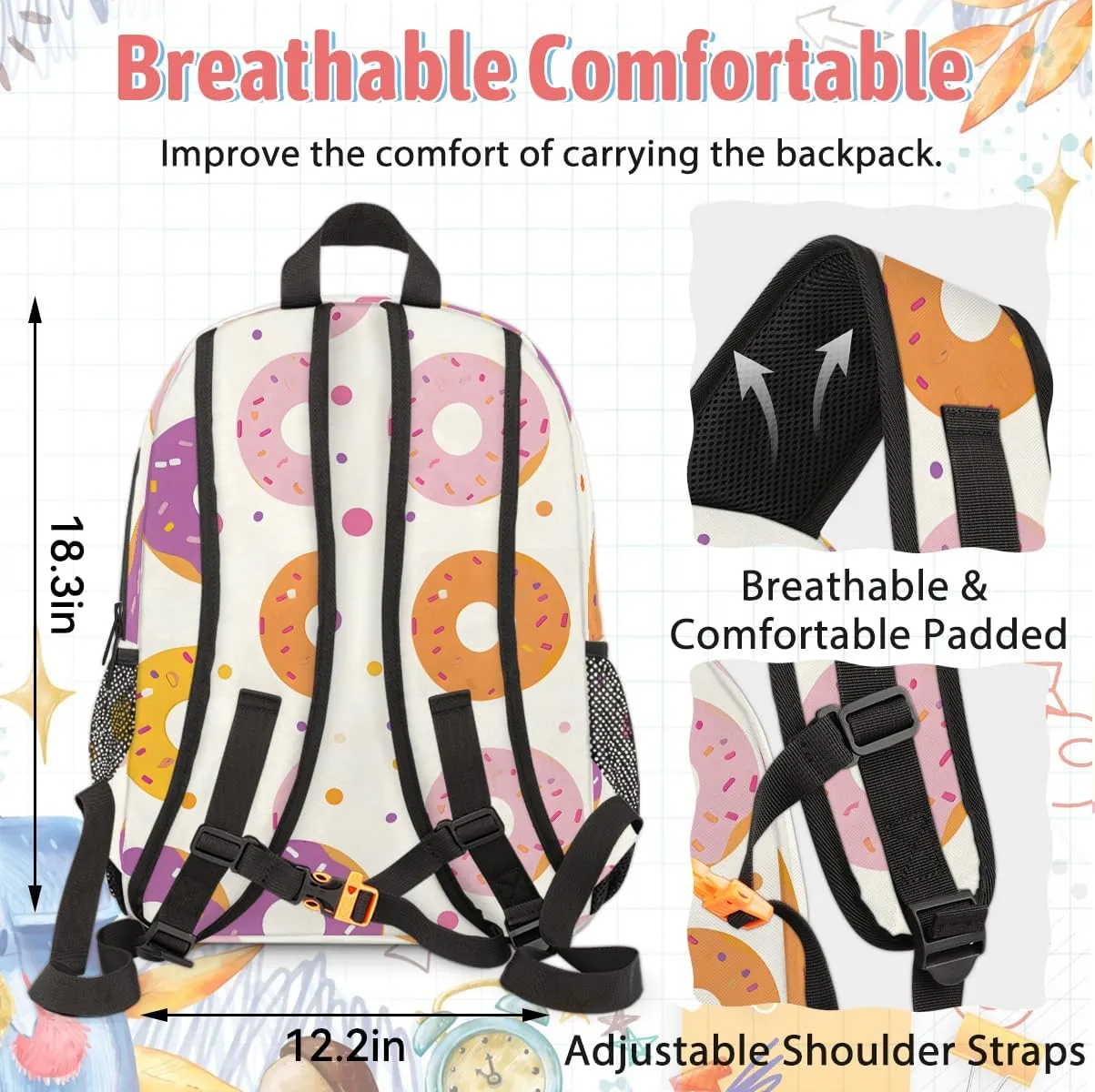 Custom Colors Donuts Backpack Lunch Box Bag with Name, Personalized Shoulder 18 Inch Backpack with Adjustable Straps for Women men Donuts