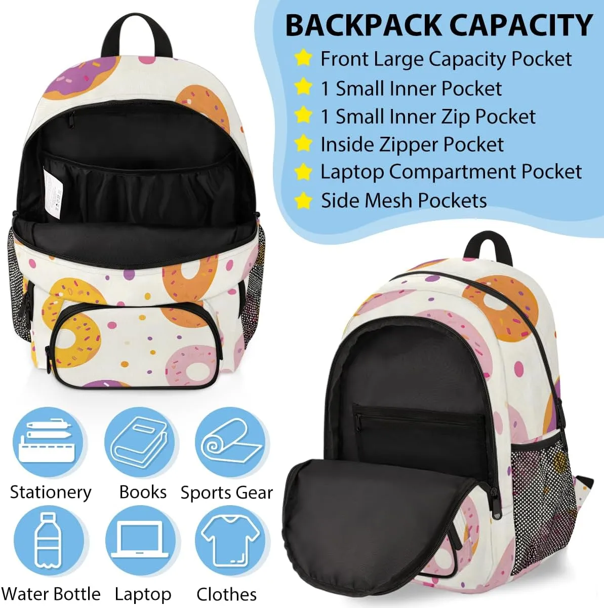 Custom Colors Donuts Backpack Lunch Box Bag with Name, Personalized Shoulder 18 Inch Backpack with Adjustable Straps for Women men Donuts