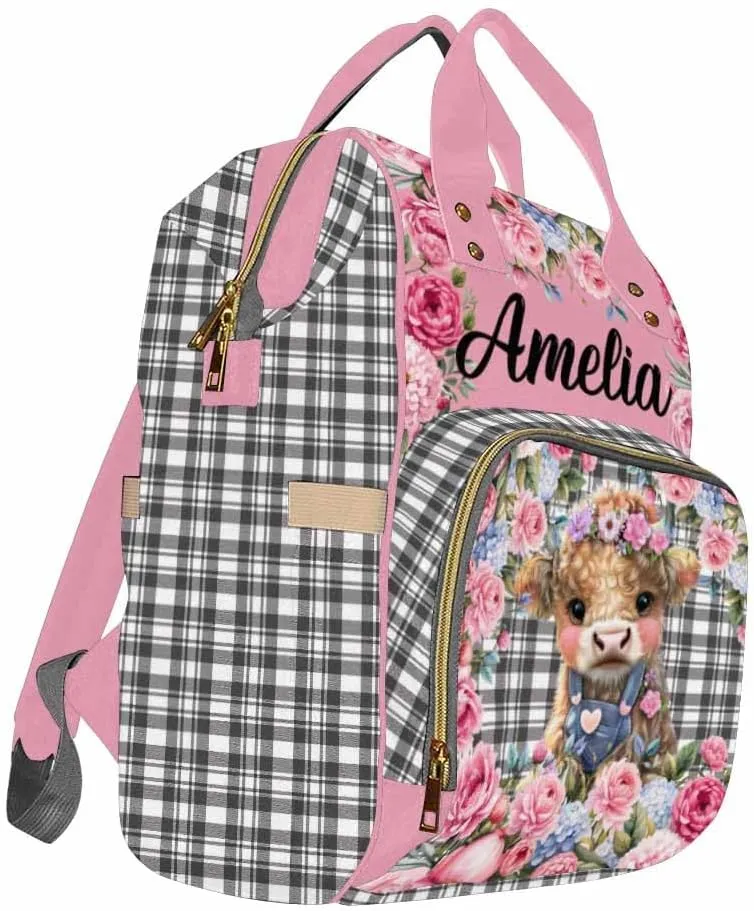 Custom Diaper Bag with Name, Personalized School Bag Cute Calf Pattern, Monogram Nappy Backpack with Thermal Pockets for Adults Kids, Large Capacity Waterproof Diaper Bag, Travel Gifts