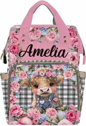 Custom Diaper Bag with Name, Personalized School Bag Cute Calf Pattern, Monogram Nappy Backpack with Thermal Pockets for Adults Kids, Large Capacity Waterproof Diaper Bag, Travel Gifts