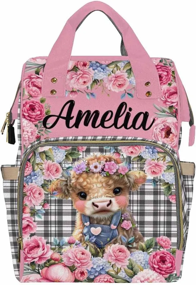Custom Diaper Bag with Name, Personalized School Bag Cute Calf Pattern, Monogram Nappy Backpack with Thermal Pockets for Adults Kids, Large Capacity Waterproof Diaper Bag, Travel Gifts