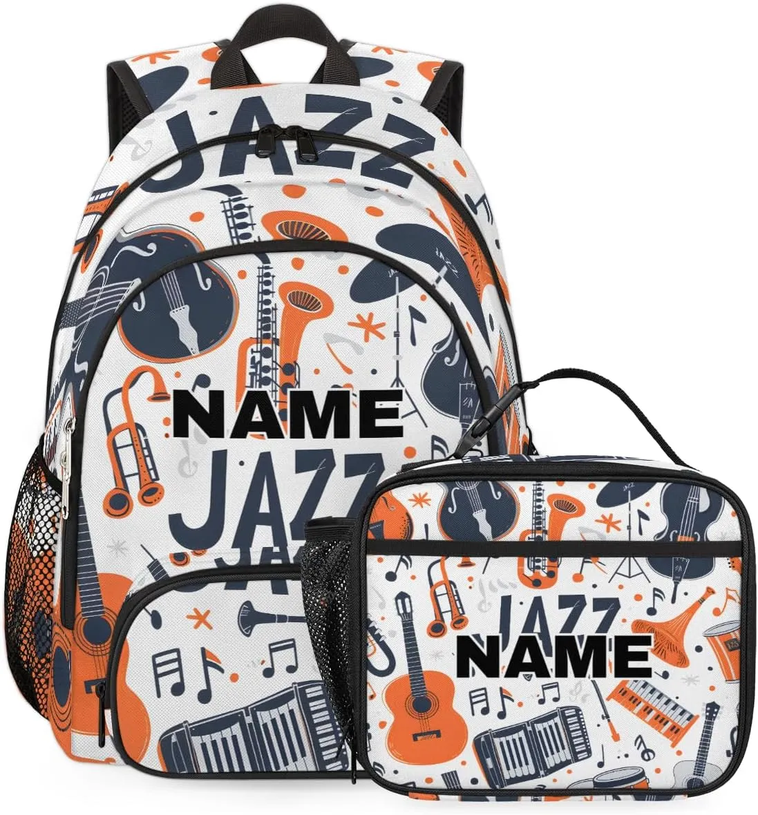 Custom Musicial Themed Backpack Lunch Box Bag with Name, Personalized Shoulder 18 Inch Backpack with Adjustable Straps for Women men Music