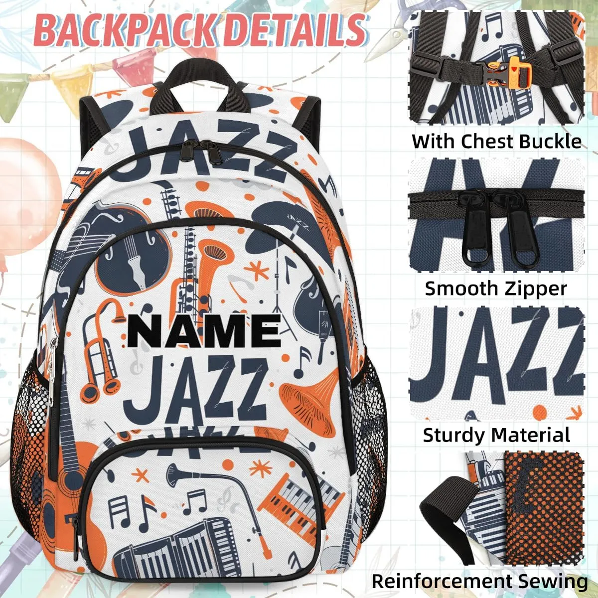 Custom Musicial Themed Backpack Lunch Box Bag with Name, Personalized Shoulder 18 Inch Backpack with Adjustable Straps for Women men Music