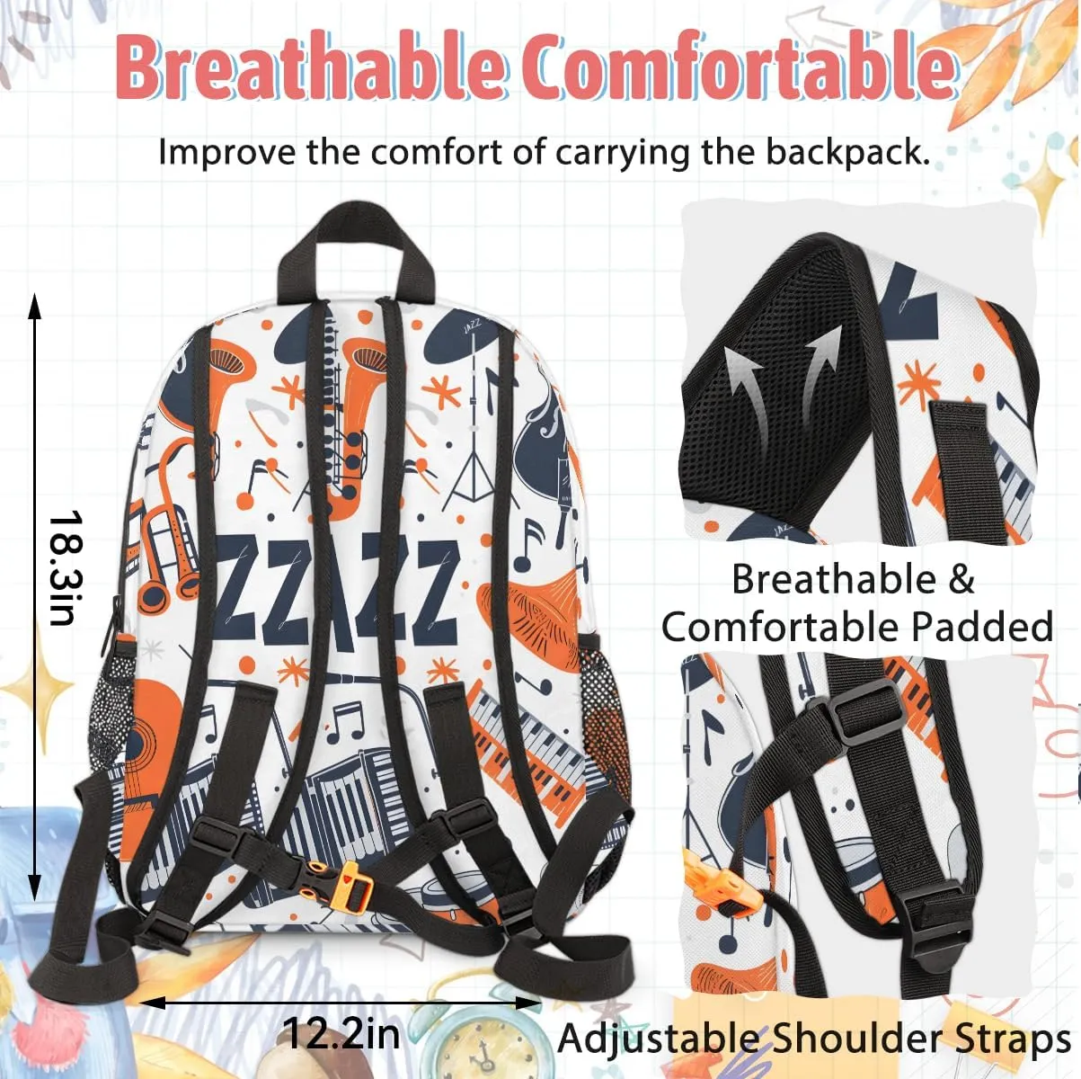Custom Musicial Themed Backpack Lunch Box Bag with Name, Personalized Shoulder 18 Inch Backpack with Adjustable Straps for Women men Music