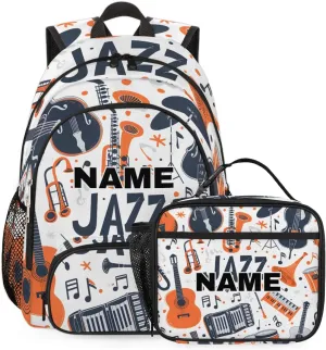 Custom Musicial Themed Backpack Lunch Box Bag with Name, Personalized Shoulder 18 Inch Backpack with Adjustable Straps for Women men Music