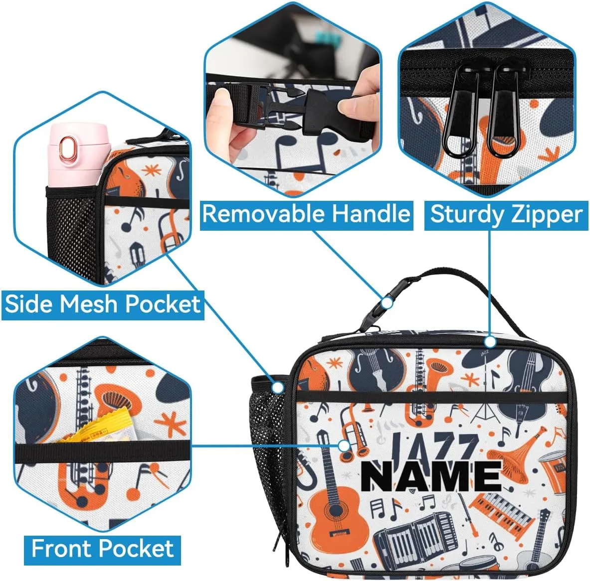 Custom Musicial Themed Backpack Lunch Box Bag with Name, Personalized Shoulder 18 Inch Backpack with Adjustable Straps for Women men Music