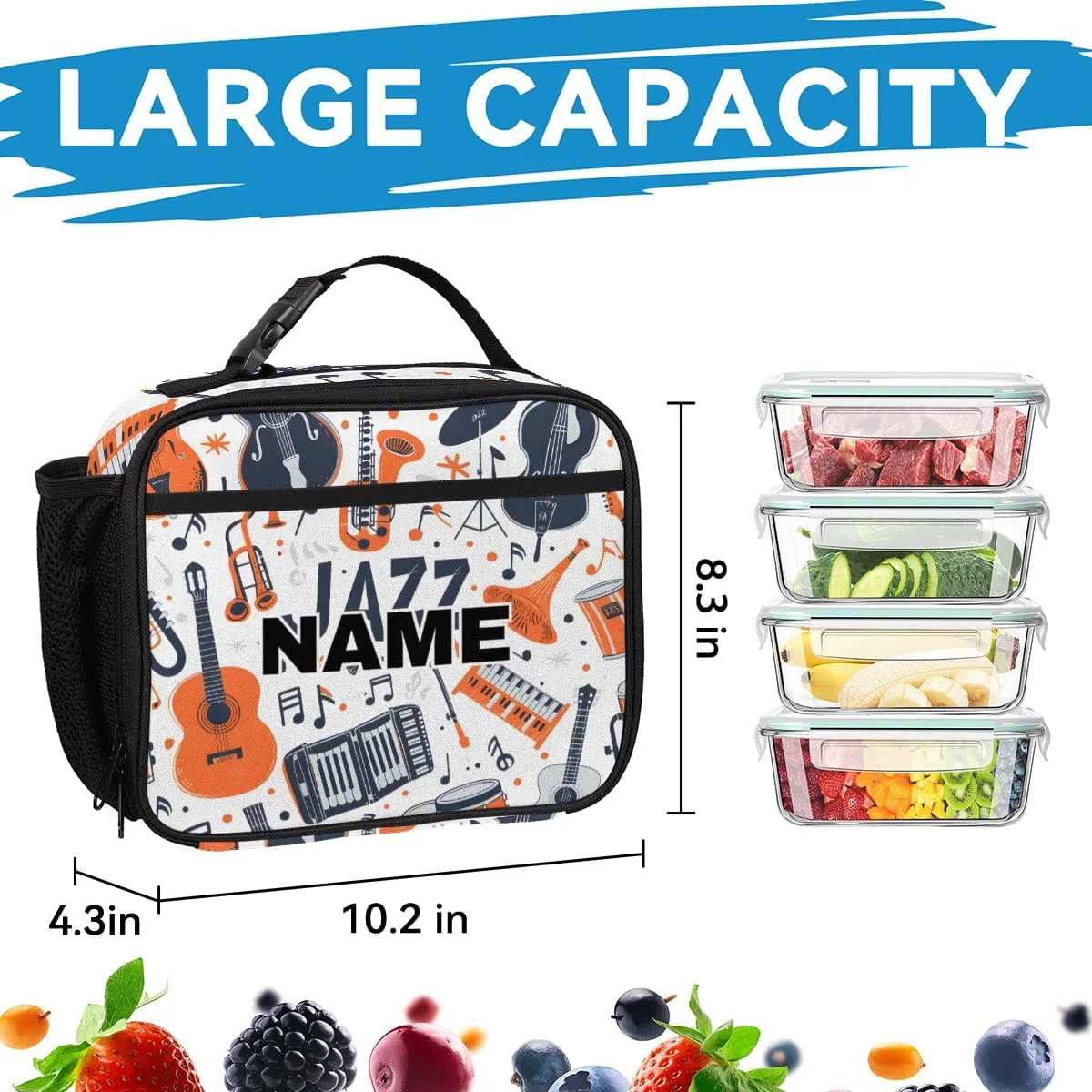 Custom Musicial Themed Backpack Lunch Box Bag with Name, Personalized Shoulder 18 Inch Backpack with Adjustable Straps for Women men Music