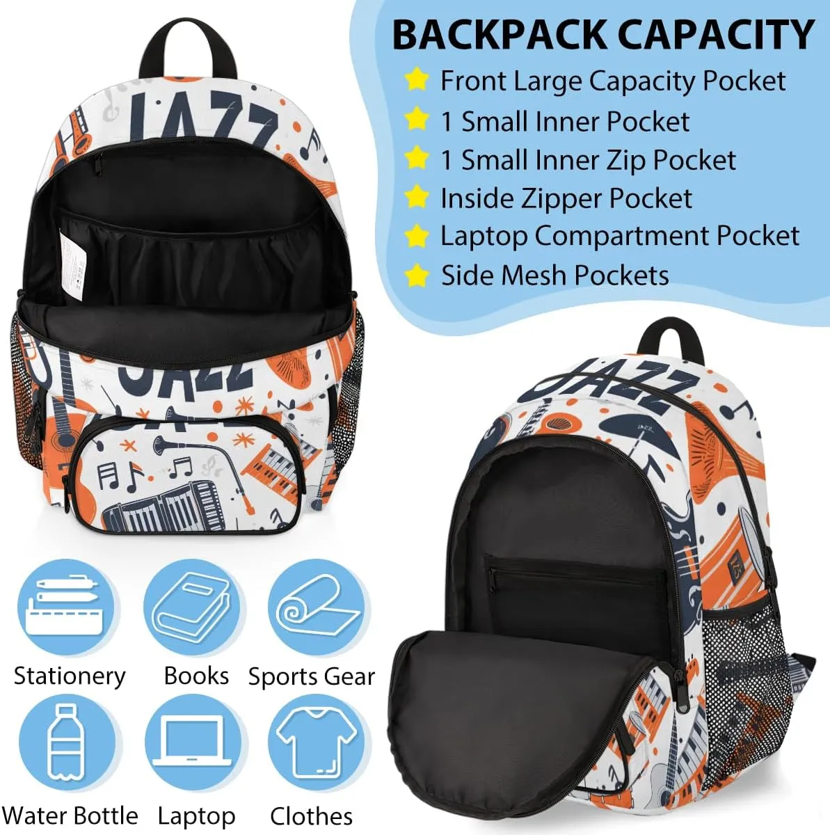 Custom Musicial Themed Backpack Lunch Box Bag with Name, Personalized Shoulder 18 Inch Backpack with Adjustable Straps for Women men Music