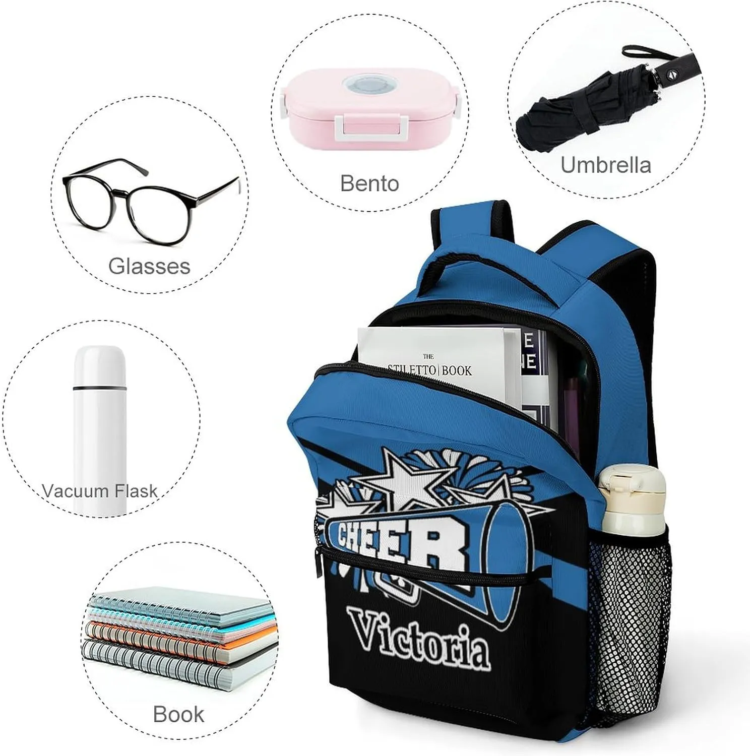Customized Cheerleader Backpack Custom Cheer Bookbag with Name Personalized Waterproof Cheerleading Bags for Cheerleader Team Gift (Blue Black)