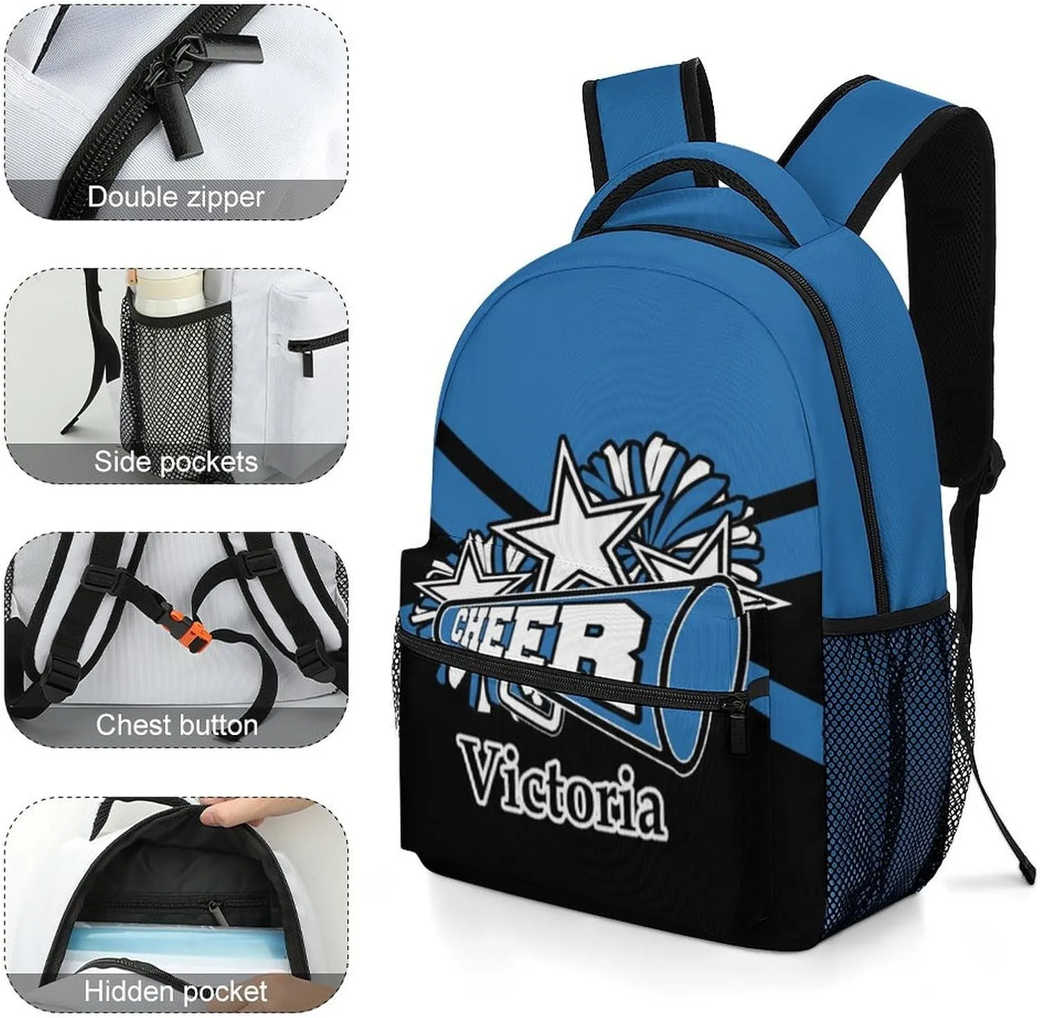 Customized Cheerleader Backpack Custom Cheer Bookbag with Name Personalized Waterproof Cheerleading Bags for Cheerleader Team Gift (Blue Black)
