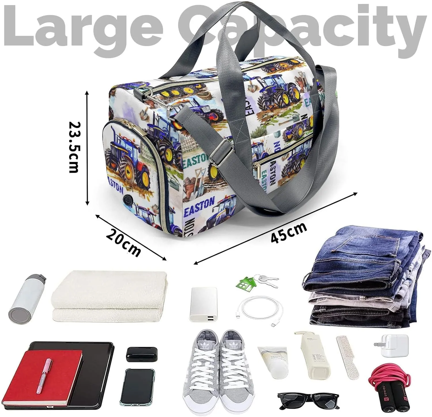 Custon Name Gym Sport Yoga Duffel Bag Farm Car Tractor Travel Bag, Farm Vehicle Sport Gym Bag Personalized Gift for Women Men Travel Hand Bag Carry on Bag
