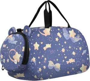 Cute Cartoon Stars on Blue Purple Duffel Gym Bags with Shoes Compartment Multifunctional Kids Overnight Bag for School Practice, Sports, Travel