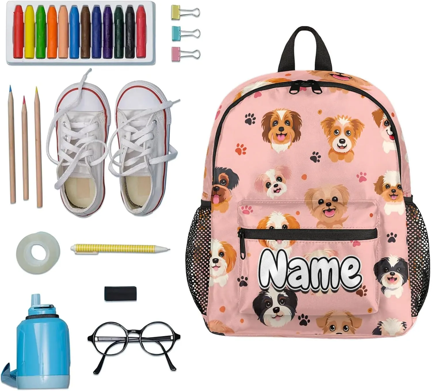 Cute Dogs Personalized Backpack Bag with Name Lightweight Custom Shoulder Bags Waterproof Casual Backpacks Travel Laptop Bag for Work Picnic 12in