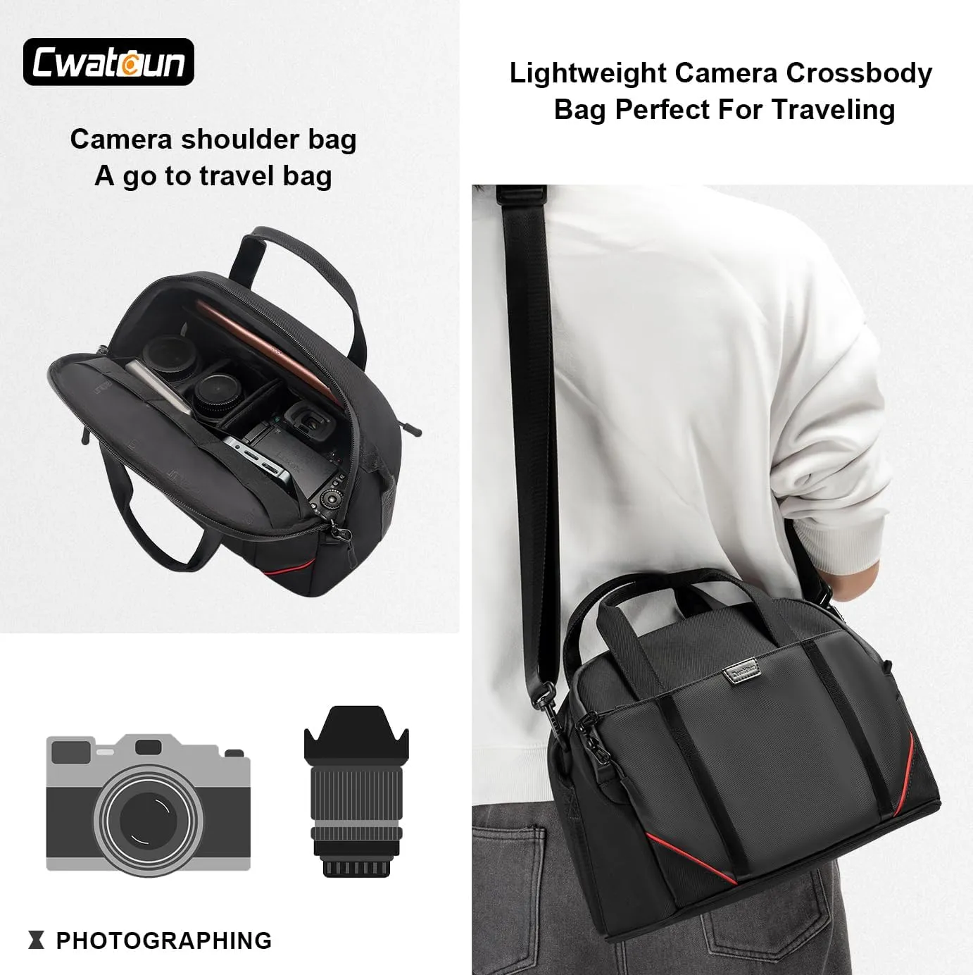 Cwatcun Camera Bag Crossbody, DSLR/SLR/Mirrorless Camera Bags for Photographers with Tripod Holder, Camera Case Compatible with Canon/Nikon/Sony - Small
