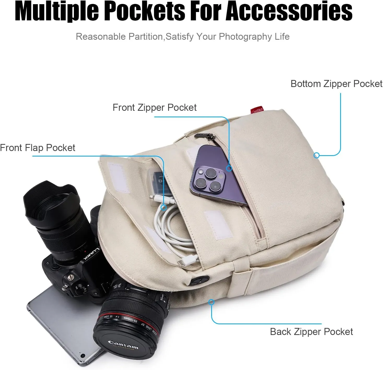 Cwatcun Camera Bag Crossbody Shoulder Messenger Camera Case, Lightweight DSLR/SLR/Mirrorless Photography Bag with Tripod Holder and Rain Cover for Canon, Nikon, Sony, Fuji Cameras, Lens Accessories