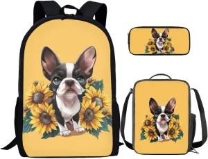 Dachshund Backpack Girls Schoolbag for Outdoor Sunflower Kids Backpack Set of 3 with Crossbody Lunch Bag Zip Pencil Box Child School Bag Sets for Travel/Sports/Hiking/Shopping