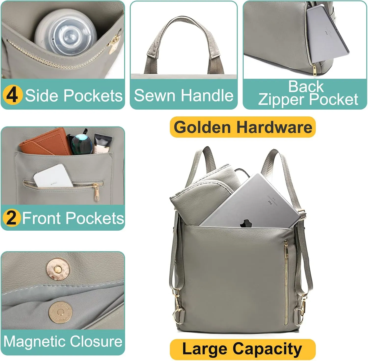 Diaper bag, Leather Diaper Bag Backpack by MF Store, Diaper Backpack with Laptop Sleeve,Changing Pad,Wipes Pouch,Stroller Straps and Insulated Pockets