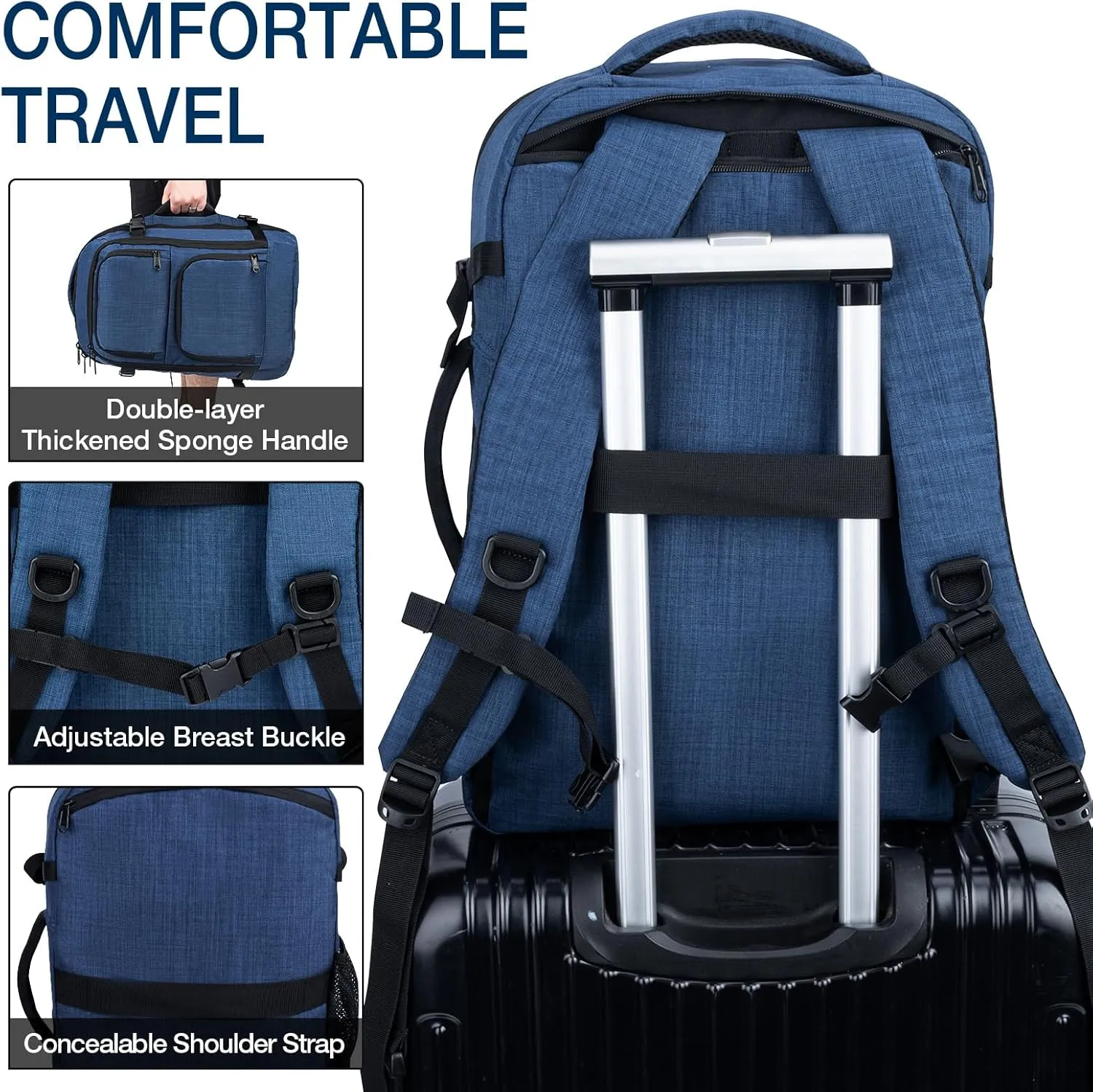 Dinictis 40L Travel Backpack Carry on Flight Approved, Backpack Suitcase for Travel, Personal Item Travel Bag fits 17 inch Laptop-Blue