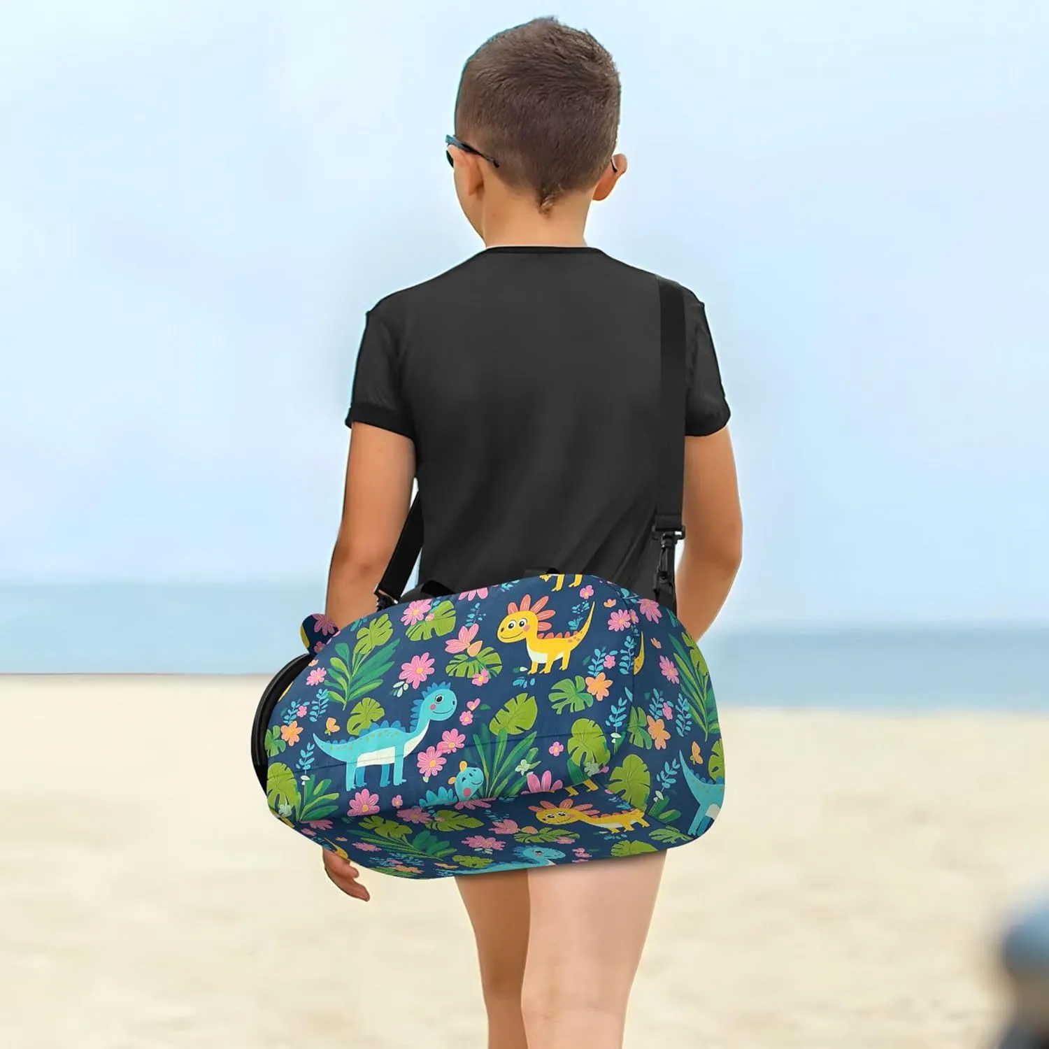 Dinosaurs Tropical Leaves Flowers Duffel Gym Bags with Shoes Compartment Multifunctional Kids Overnighter Duffel Bags for Boys and Girls