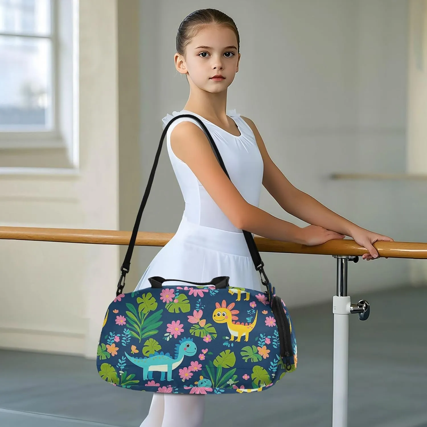 Dinosaurs Tropical Leaves Flowers Duffel Gym Bags with Shoes Compartment Multifunctional Kids Overnighter Duffel Bags for Boys and Girls