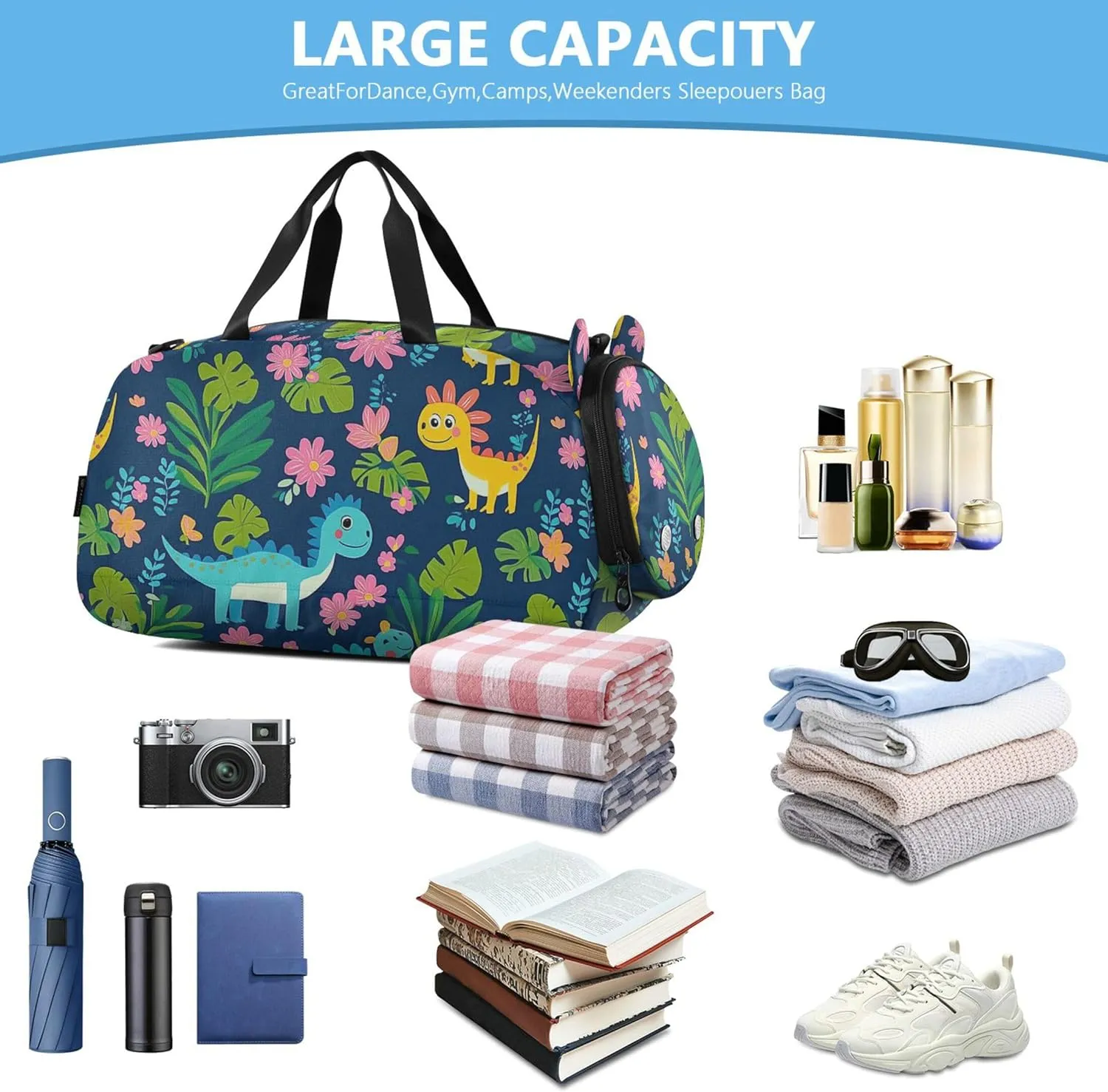 Dinosaurs Tropical Leaves Flowers Duffel Gym Bags with Shoes Compartment Multifunctional Kids Overnighter Duffel Bags for Boys and Girls