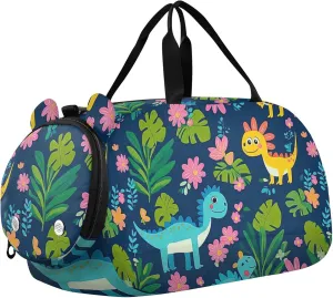 Dinosaurs Tropical Leaves Flowers Duffel Gym Bags with Shoes Compartment Multifunctional Kids Overnighter Duffel Bags for Boys and Girls
