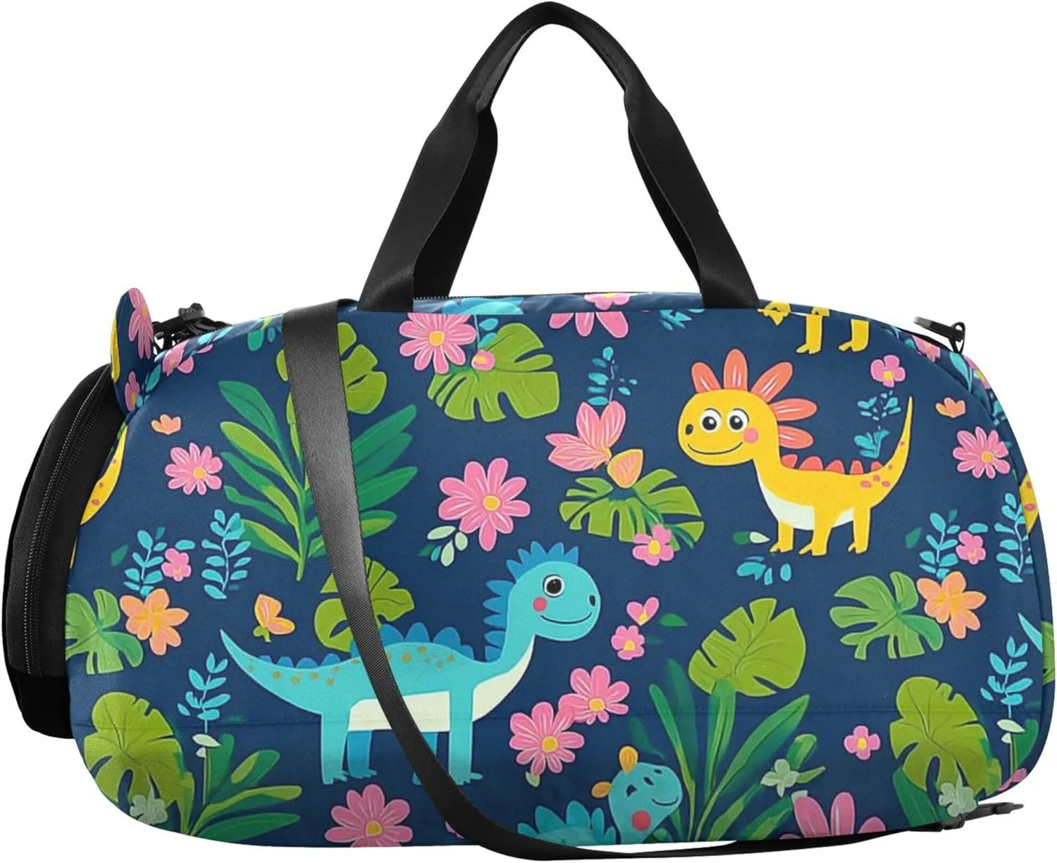 Dinosaurs Tropical Leaves Flowers Duffel Gym Bags with Shoes Compartment Multifunctional Kids Overnighter Duffel Bags for Boys and Girls