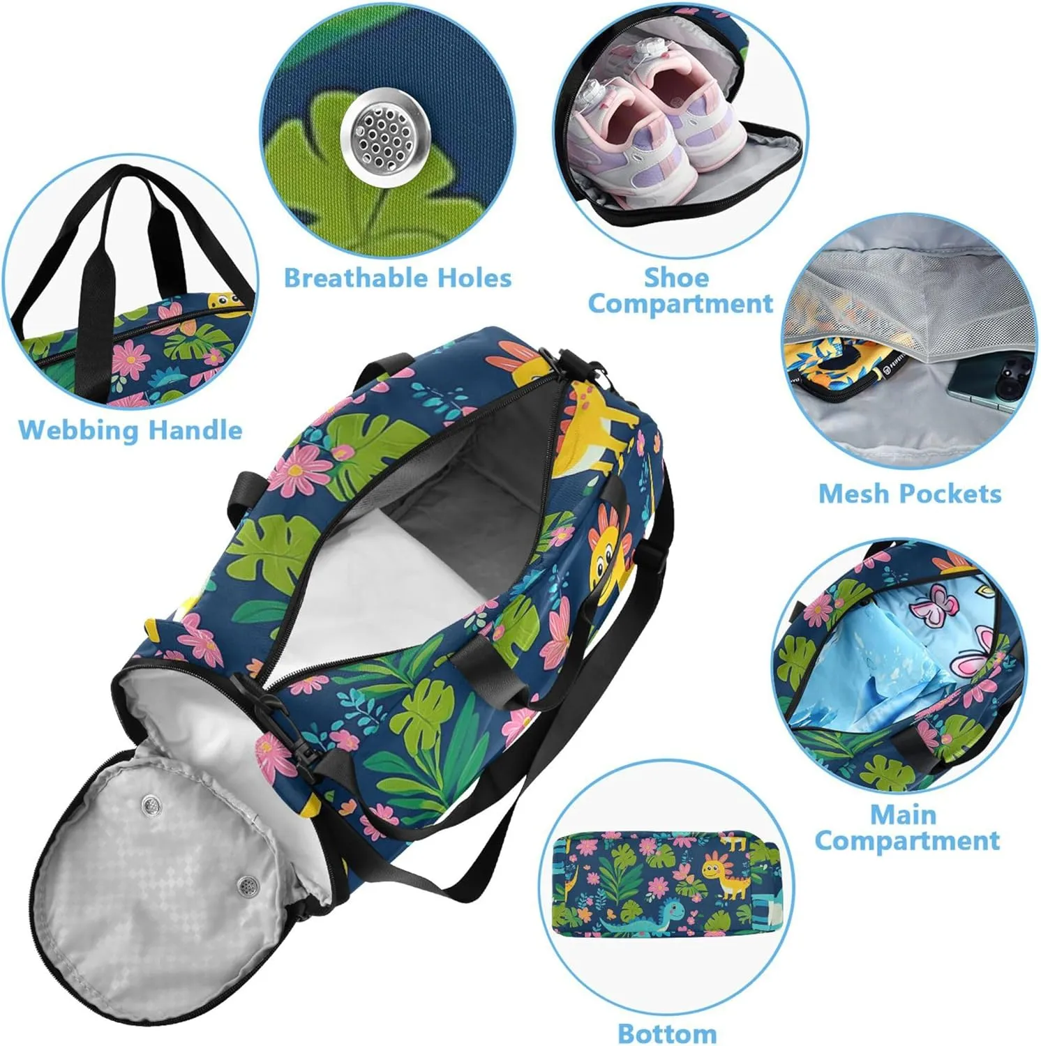 Dinosaurs Tropical Leaves Flowers Duffel Gym Bags with Shoes Compartment Multifunctional Kids Overnighter Duffel Bags for Boys and Girls