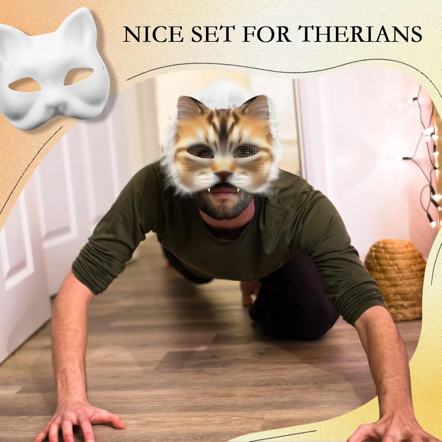 DIY Therian Mask Kit Blank Cat Mask with Felt Fabric Sheet Plush Faux Fur Eye Mesh for Therian Gear Stuff