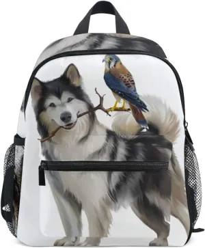 Dog Pattern Backpacks for Kids Girls Boys Alaskan Malamute American Kestrel Preschool Toddler Bookbag with Chest Strap Mini Elementary Kindergarten School Bags