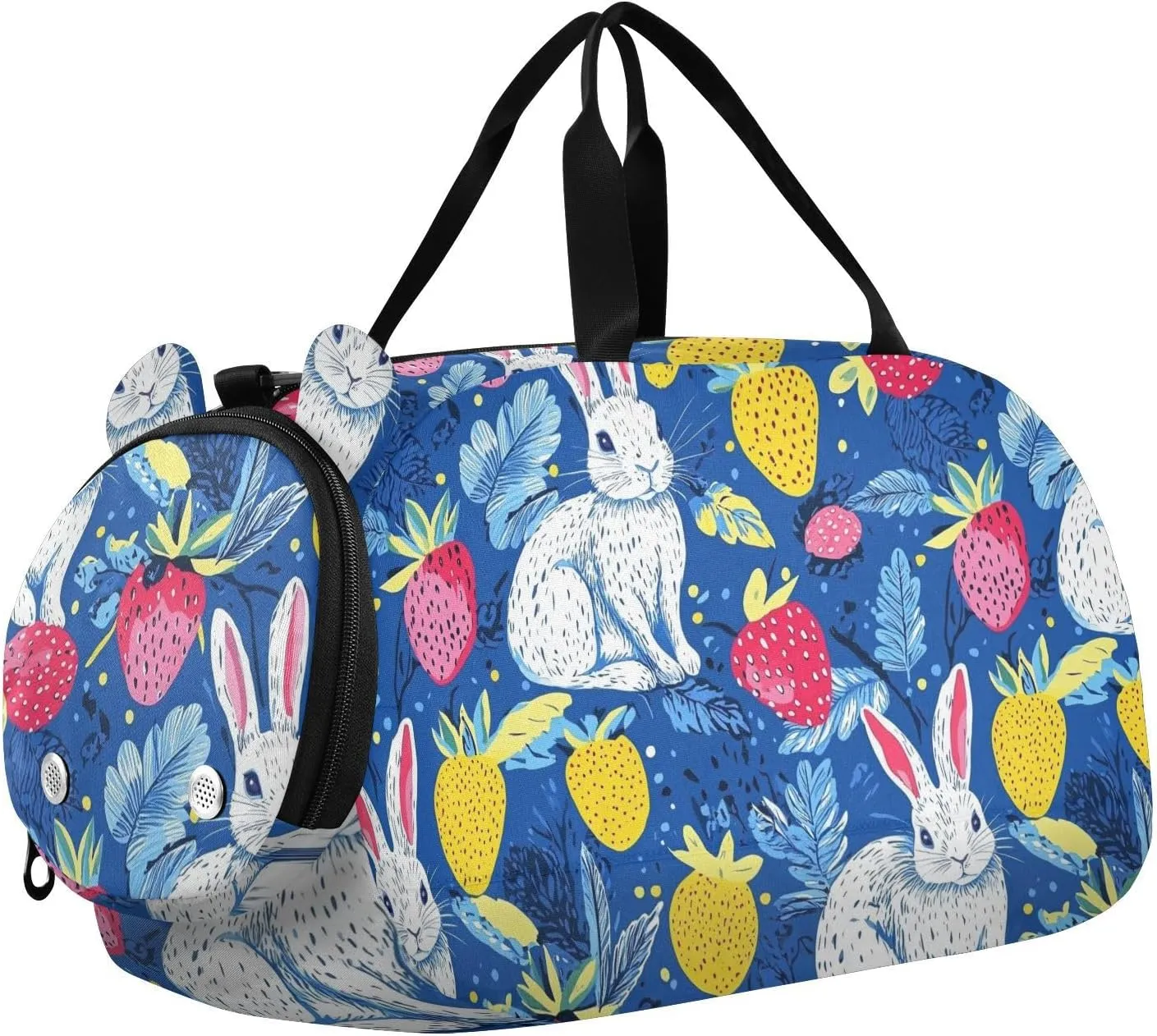 Dots Rabbite and Strawberries Vivid Kids Duffel Bag with Shoes Compartment Multifunctional Kids Overnighter Duffel Bags for Travel, Sports, Fitness & Workout